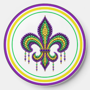 Purple yellow green Mardi Gras fleur de lis Wireless Charger
