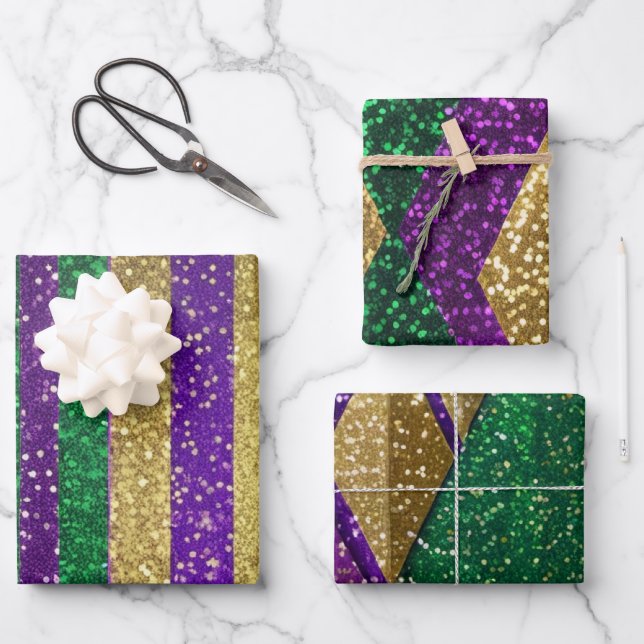 Purple Yellow Green Mardi Gras Glitter Patterns Wrapping Paper Sheets (Front)