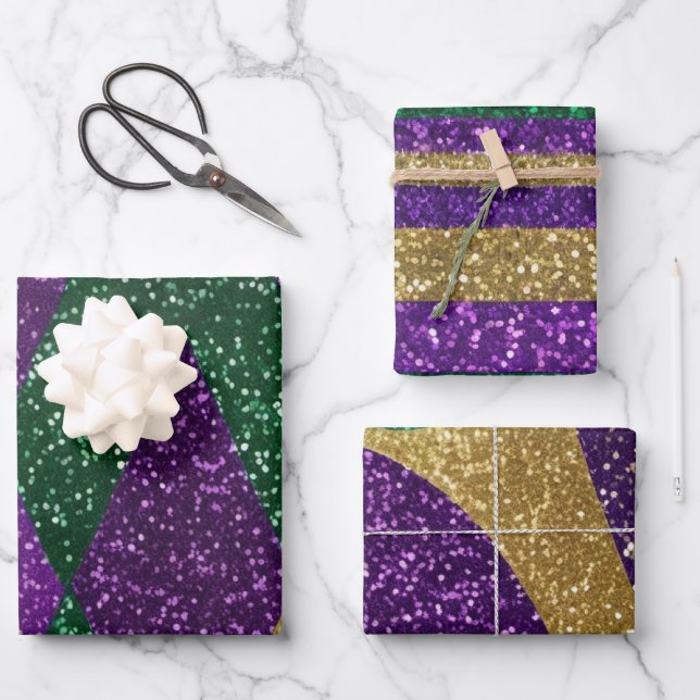 Purple Yellow Green Mardi Gras Glitter Patterns Wrapping Paper Sheets (Front)