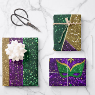 Purple Yellow Green Mardi Gras Glitter Patterns Wrapping Paper Sheets