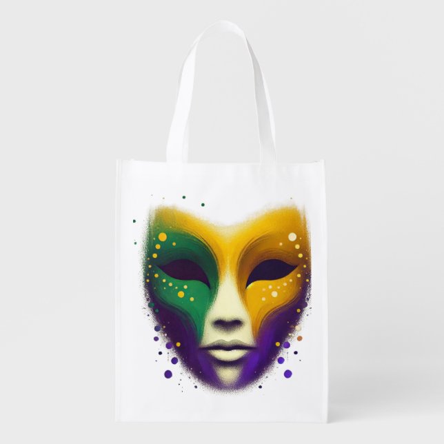 Purple yellow green Mardi Gras mask Grocery Bag (Front)