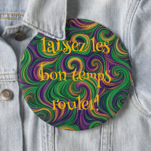 Purple yellow green Mardi Gras swirls abstract Button