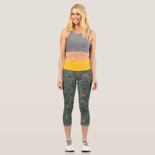 Purple yellow green Mardi Gras swirls abstract Capri Leggings