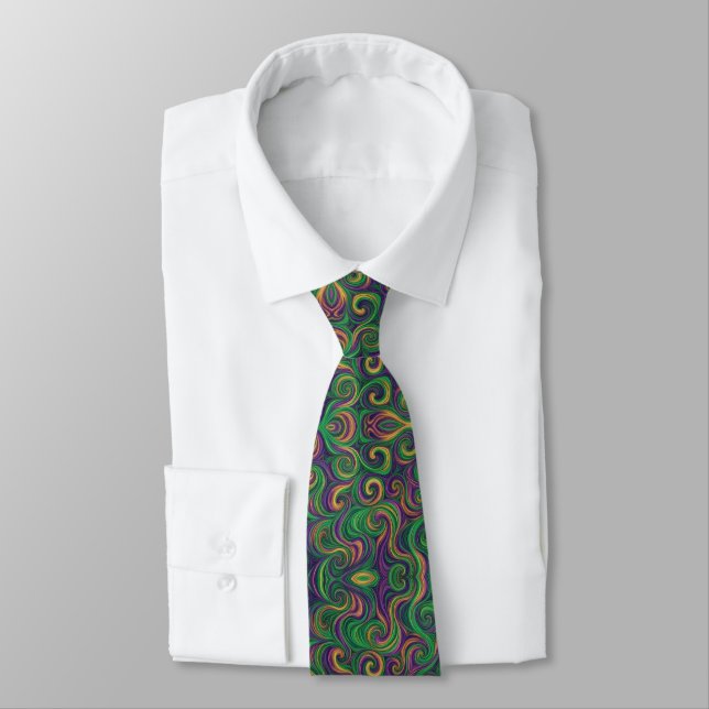 Purple yellow green Mardi Gras swirls abstract Neck Tie (Tied)
