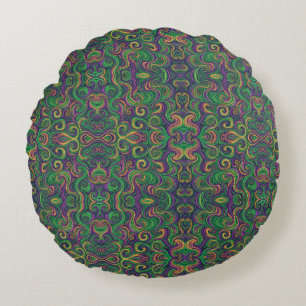 Purple yellow green Mardi Gras swirls abstract Round Pillow