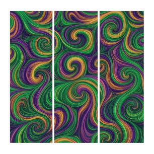 Purple yellow green Mardi Gras swirls abstract Triptych