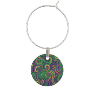 Purple yellow green Mardi Gras swirls abstract Wine Charm