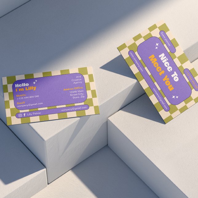 Purple Yellow Green Retro Checkerboard Boho Business Card (Creator Uploaded)