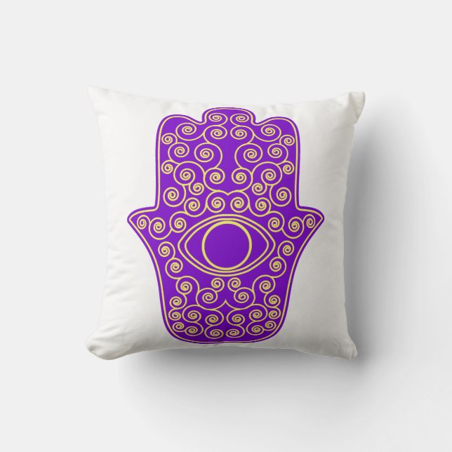 Purple Yellow Hamsa-Hand of Miriam-Hand of Fatima. Throw Pillow (Front)