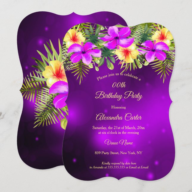 Purple yellow Hibiscus Tropical Floral Party Invitation (Front/Back)