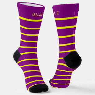 Purple Yellow Horizonta Lines Striped Custom Name Socks