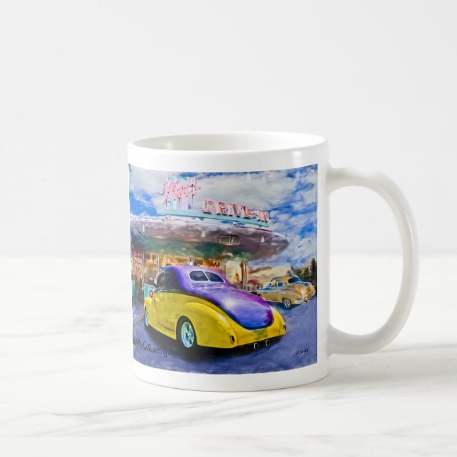purple-yellow hotrod at drive-in coffee mug (Right)