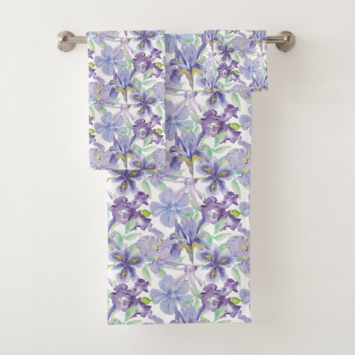 Purple Yellow Iris Floral Flowers Watercolor Bath Towel Set