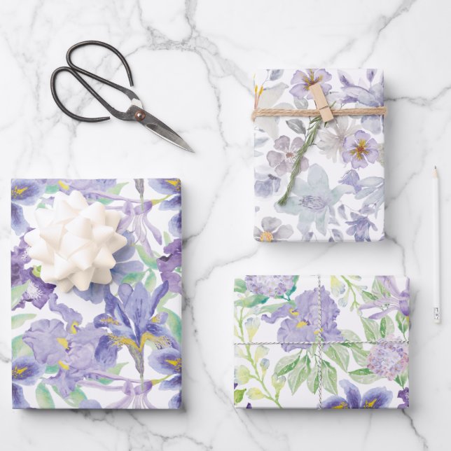 Purple Yellow Iris Floral Watercolor  Wrapping Paper Sheets (Front)
