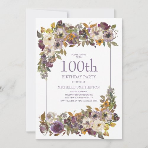 Purple Yellow Ivory Floral Foliage 100th Birthday Invitation