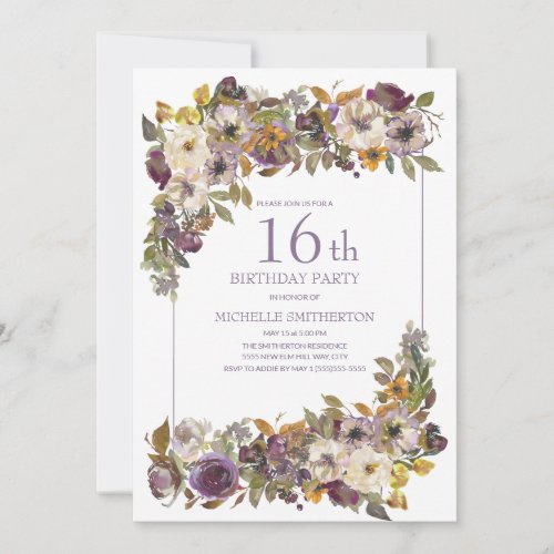 Purple Yellow Ivory Floral Foliage 16th Birthday Invitation