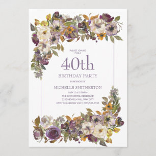 Purple Yellow Ivory Floral Foliage 40th Birthday Invitation