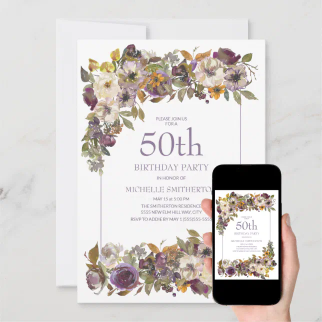 Purple Yellow Ivory Floral Foliage 50th Birthday Invitation | Zazzle