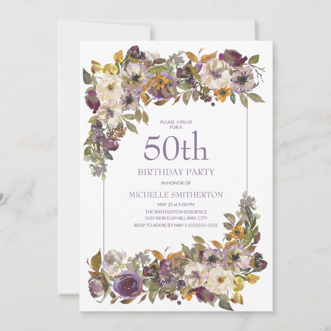 Purple Yellow Ivory Floral Foliage 50th Birthday Invitation (Front)