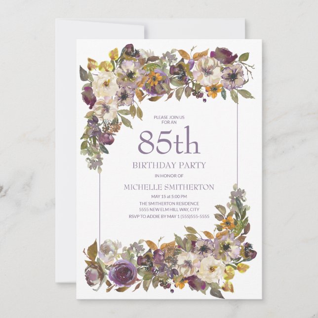 Purple Yellow Ivory Floral Foliage 85th Birthday Invitation (Front)
