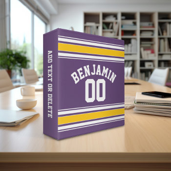Purple Yellow Jersey Stripes Custom Name Number 3 Ring Binder by MyRazzleDazzle at Zazzle