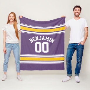 Purple Yellow Jersey Stripes Custom Name Number Fleece Blanket