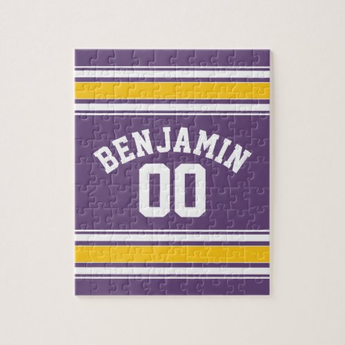 Purple Yellow Jersey Stripes Custom Name Number Jigsaw Puzzle
