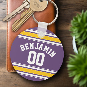 Purple Yellow Jersey Stripes Custom Name Number Keychain