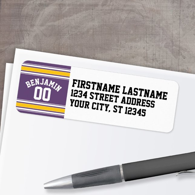 Purple Yellow Jersey Stripes Custom Name Number Label (Personalized Return Address Label)