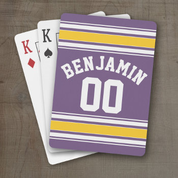 Purple Yellow Jersey Stripes Custom Name Number Playing Cards by MyRazzleDazzle at Zazzle