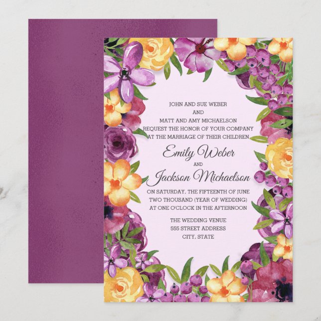 Purple Yellow Jewel Tone Floral Iridescent Wedding Invitation (Front/Back)