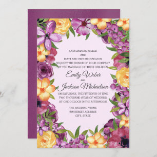 Purple Yellow Jewel Tone Floral Iridescent Wedding Invitation