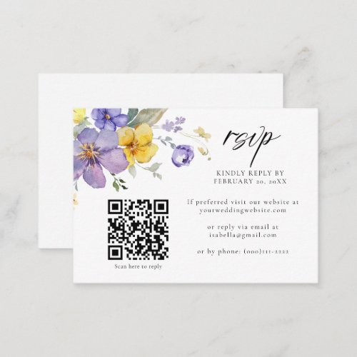 Purple Yellow Lavender Floral QR Code Wedding RSVP Enclosure Card