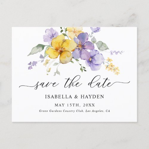 Purple Yellow Lavender Lilac Floral Save The Date Announcement Postcard