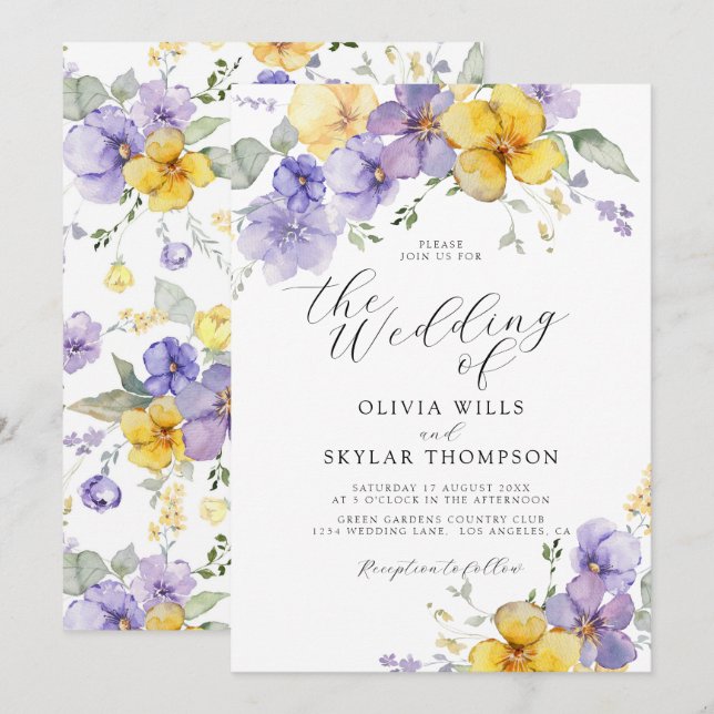 Purple Yellow Lavender Summer Flower Wedding Invitation (Front/Back)