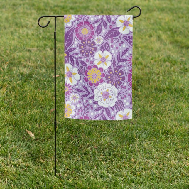 Purple, Yellow & Magenta Floral Garden Flag (In SItu)
