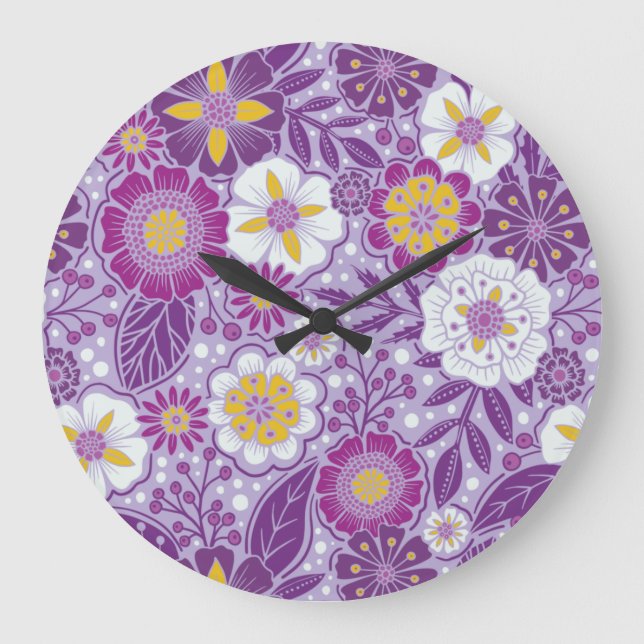 Purple, Yellow & Magenta Floral Large Clock (Front)