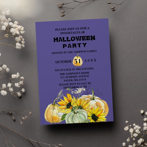  Purple yellow mint sunflower pumpkin Halloween Invitation