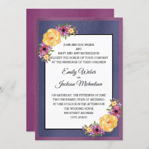 Purple Yellow Navy Blue Jewel Tone Floral Wedding Invitation