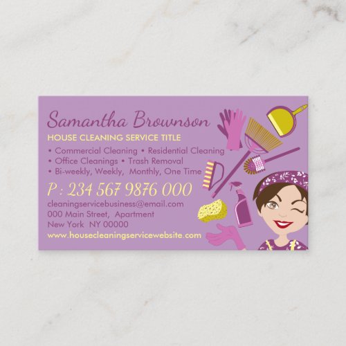 Purple Yellow Note Side Janitorial Lady Cleaning Business Card