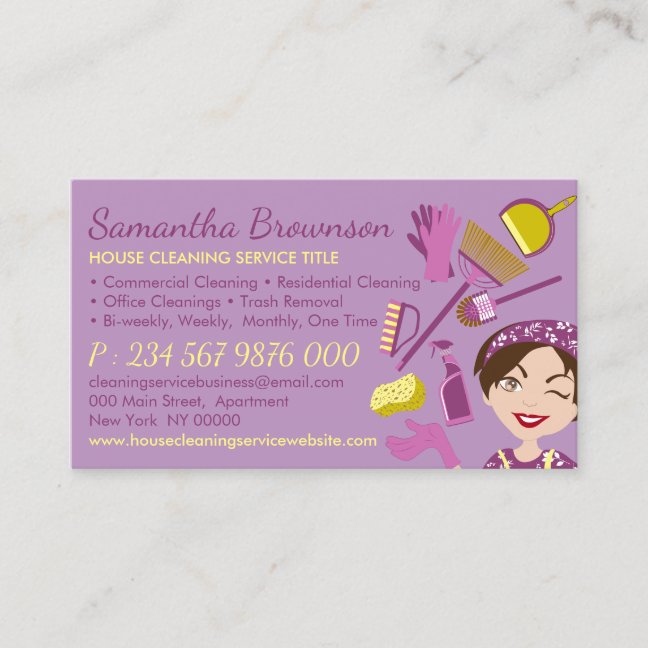 Purple Yellow Note Side Janitorial Lady Cleaning Business Card