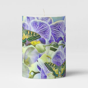 Purple yellow orchid flowers butterfly watercolor pillar candle