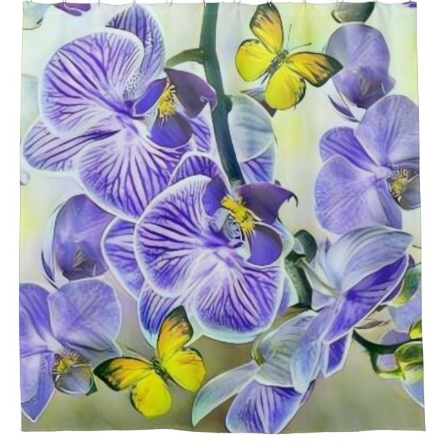 Purple yellow orchid flowers butterfly watercolor  shower curtain (Front)