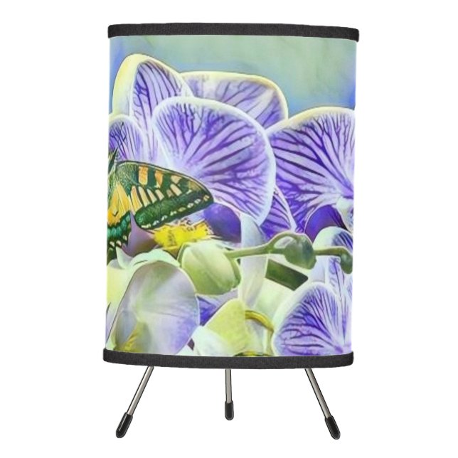 Purple yellow orchid flowers butterfly watercolor  tripod lamp (Front)