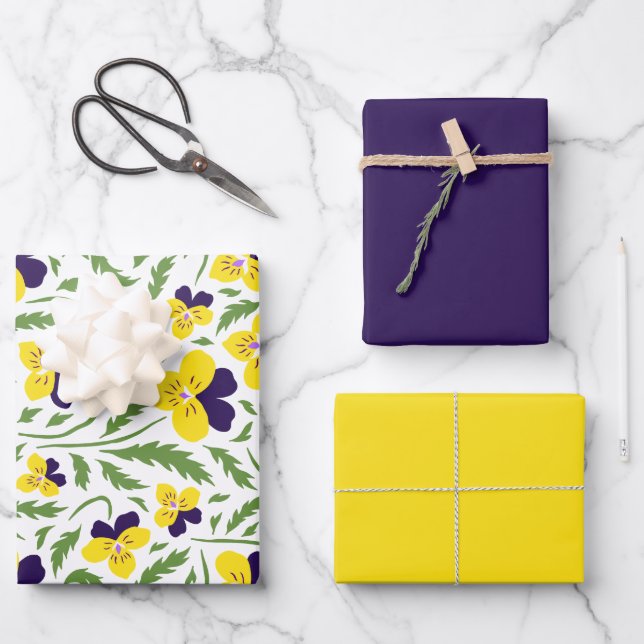 Purple & Yellow Pansey Flowers Wrapping Paper Sheets (Front)