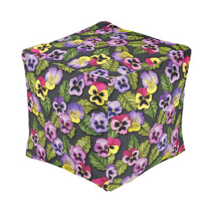 Purple & Yellow Pansies Floral Cube Pouf