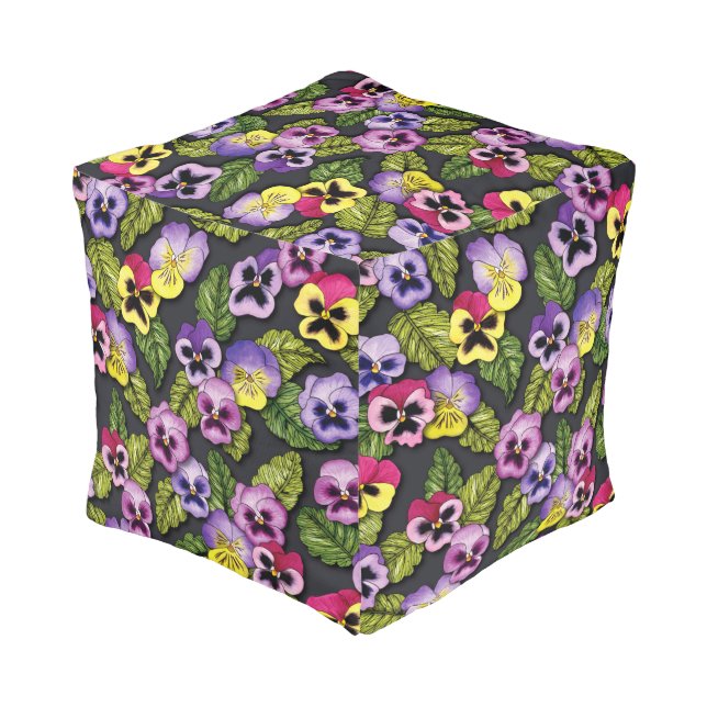 Purple & Yellow Pansies Floral Cube Pouf (Angled Back)