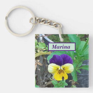 Purple & Yellow Pansy Acrylic Key Ring
