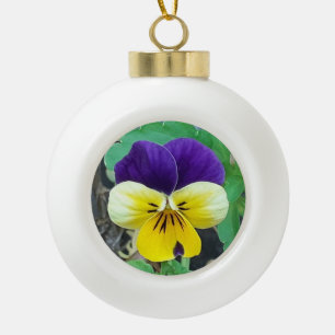 Purple & Yellow Pansy Ceramic Ball Christmas Ornament