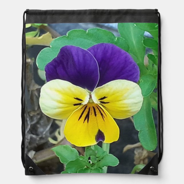 Purple & Yellow Pansy Drawstring Backpack (Front)